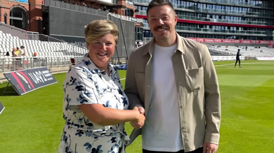 Jen Barden from the Lancashire Cricket Foundation with Andy Massey